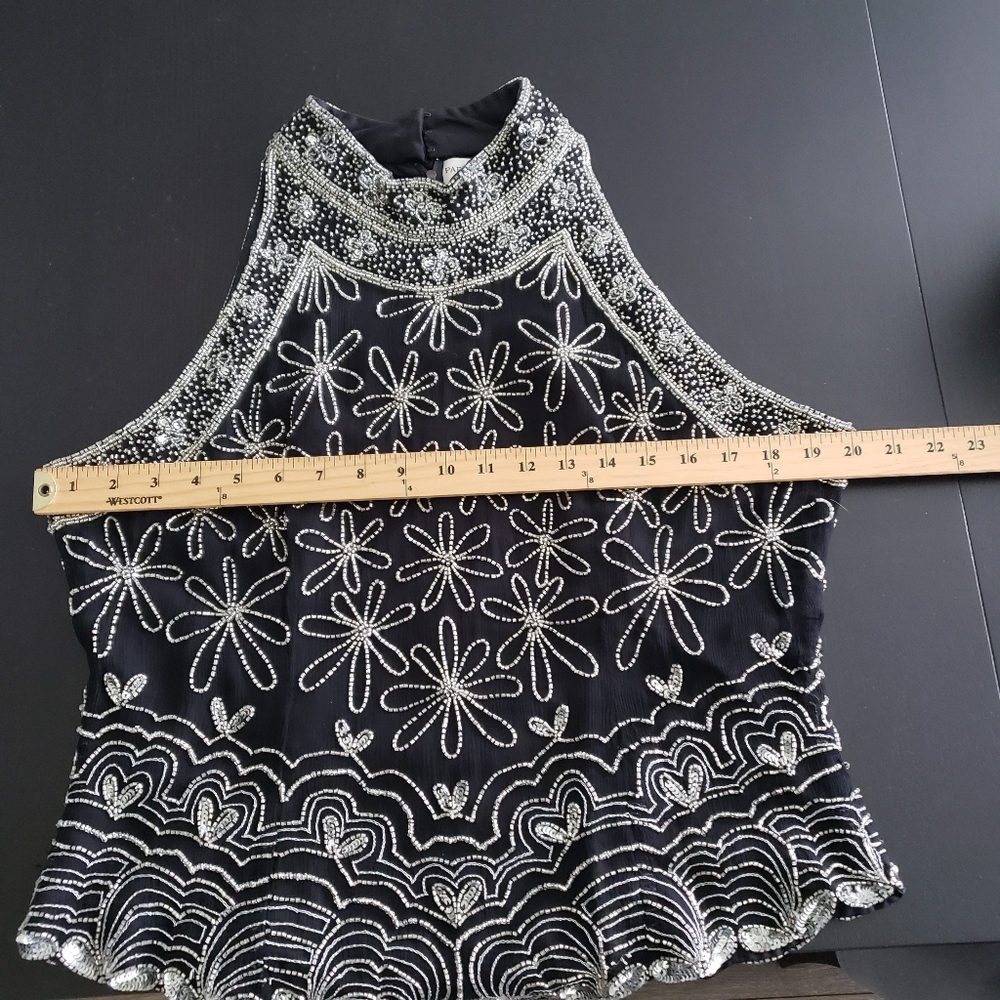 Papell Boutique 100% Silk Black and Silver Embellished Top Size Xl - Picture 7 of 7